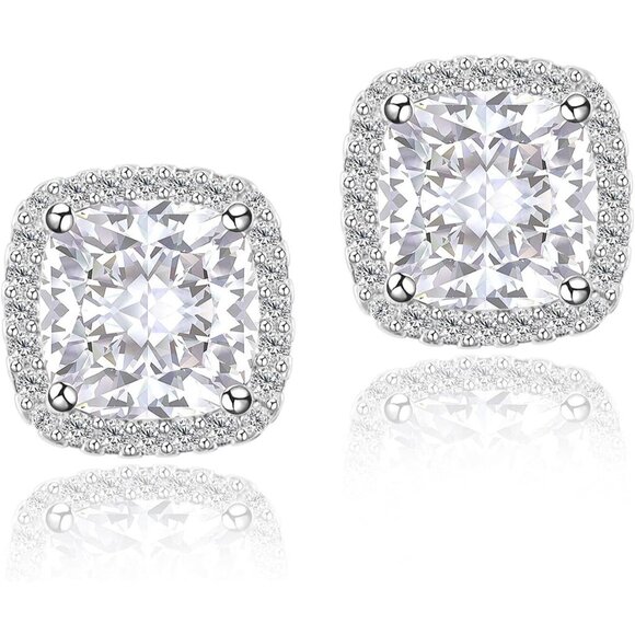 Women's Square Birthstone Cubic Zirconia Mall Dainty Silver Elegant Earring - Picture 1 of 6